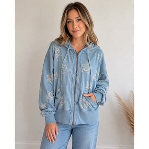 Kyla Seo Comfort Star Embroidered Zip Hoodie Large Boho Coastal Y2K Sreetwear